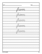 Free first grade sight word cursive tracing worksheet, high frequency word 'from', first 100 fry sight words, Dolch, PDF