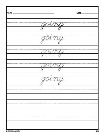 Free first grade sight word cursive tracing worksheet, high frequency word 'going', Dolch, PDF