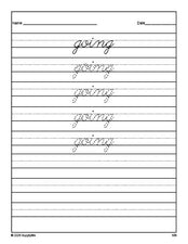 Free first grade sight word cursive tracing worksheet, high frequency word 'going', Dolch, PDF