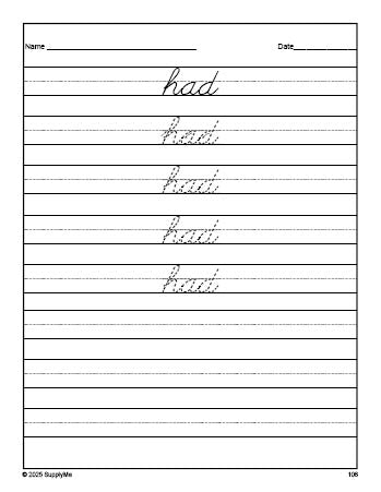 Free first grade sight word cursive tracing worksheet, high frequency word 'had', first 100 fry sight words, Dolch, PDF