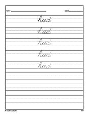 Free first grade sight word cursive tracing worksheet, high frequency word 'had', first 100 fry sight words, Dolch, PDF