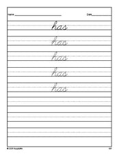 Free first grade sight word cursive tracing worksheet, high frequency word 'has', first 100 fry sight words, Dolch, PDF