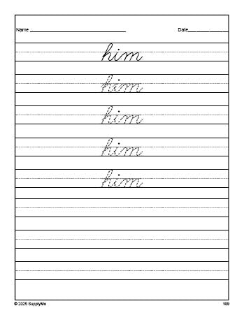 Free first grade sight word cursive tracing worksheet, high frequency word 'him', first 100 fry sight words, Dolch, PDF