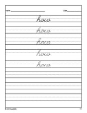 Free first grade sight word cursive tracing worksheet, high frequency word 'how', first 100 fry sight words, Dolch, PDF