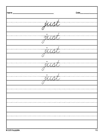 Free first grade sight word cursive tracing worksheet, high frequency word 'just', second 100 fry sight words, Dolch, PDF