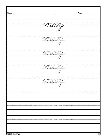 Free first grade sight word cursive tracing worksheet, high frequency word 'may', first 100 fry sight words, Dolch, PDF