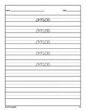 Free first grade sight word cursive tracing worksheet, high frequency word 'once', third 100 fry sight words, Dolch, PDF