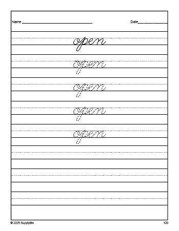 Free first grade sight word cursive tracing worksheet, high frequency word 'open', third 100 fry sight words, Dolch, PDF