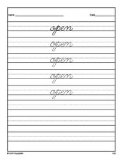 Free first grade sight word cursive tracing worksheet, high frequency word 'open', third 100 fry sight words, Dolch, PDF