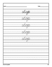 Free first grade sight word cursive tracing worksheet, high frequency word 'stop', third 100 fry sight words, Dolch, PDF