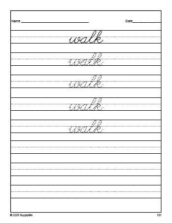 Free first grade sight word cursive tracing worksheet, high frequency word 'walk', third 100 fry sight words, Dolch, PDF