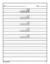 Free first grade sight word cursive tracing worksheet, high frequency word 'walk', third 100 fry sight words, Dolch, PDF