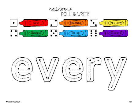 Free first grade worksheet, rainbow roll and write sight word tracing worksheet, beginner sight word for 1st graders and high frequency word 'every', third 100 fry sight words, Dolch, PDF