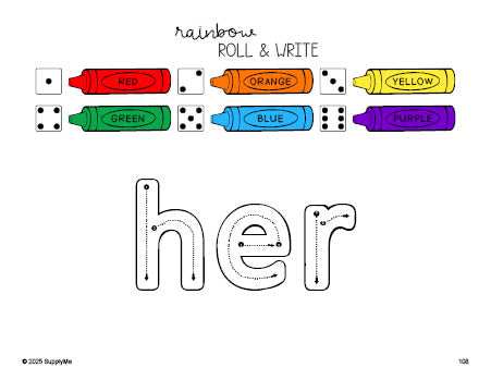 Free first grade worksheet, rainbow roll and write sight word tracing worksheet, beginner sight word for 1st graders and high frequency word 'her', first 100 fry sight words, Dolch, PDF