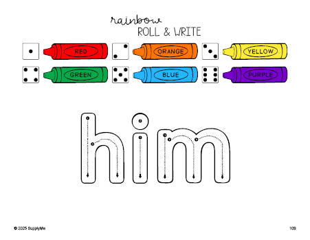 Free first grade worksheet, rainbow roll and write sight word tracing worksheet, beginner sight word for 1st graders and high frequency word 'him', first 100 fry sight words, Dolch, PDF