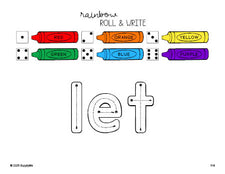 Free first grade worksheet, rainbow roll and write sight word tracing worksheet, beginner sight word for 1st graders and high frequency word 'let', third 100 fry sight words, Dolch, PDF