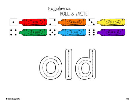 Free first grade worksheet, rainbow roll and write sight word tracing worksheet, beginner sight word for 1st graders and high frequency word 'old', second 100 fry sight words, Dolch, PDF