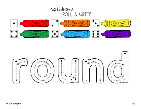 Free first grade worksheet, rainbow roll and write sight word tracing worksheet, beginner sight word for 1st graders and high frequency word 'round', fifth 100 fry sight words, Dolch, PDF