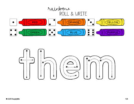 Free first grade worksheet, rainbow roll and write sight word tracing worksheet, beginner sight word for 1st graders and high frequency word 'them', first 100 fry sight words, Dolch, PDF