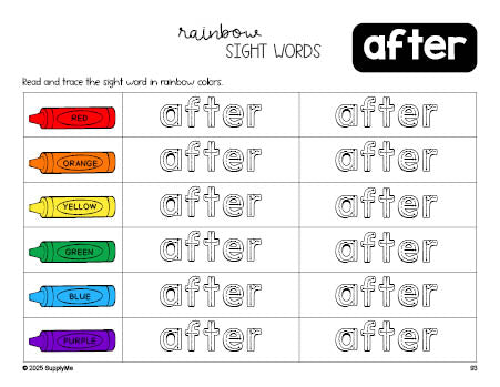 Free first grade worksheet, rainbow sight word tracing worksheet, beginner sight word for 1st graders and high frequency word 'after', second 100 fry sight words, Dolch, PDF