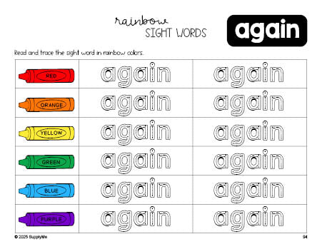 Free first grade worksheet, rainbow sight word tracing worksheet, beginner sight word for 1st graders and high frequency word 'again', second 100 fry sight words, Dolch, PDF