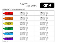 Free first grade worksheet, rainbow sight word tracing worksheet, beginner sight word for 1st graders and high frequency word 'any', second 100 fry sight words, Dolch, PDF