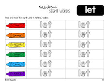 Free first grade worksheet, rainbow sight word tracing worksheet, beginner sight word for 1st graders and high frequency word 'let', third 100 fry sight words, Dolch, PDF