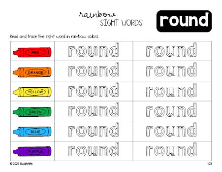 Free first grade worksheet, rainbow sight word tracing worksheet, beginner sight word for 1st graders and high frequency word 'round', fifth 100 fry sight words, Dolch, PDF