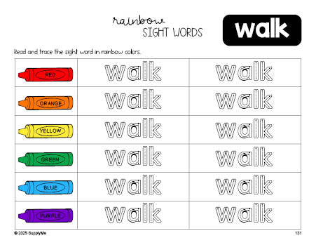 Free first grade worksheet, rainbow sight word tracing worksheet, beginner sight word for 1st graders and high frequency word 'walk', third 100 fry sight words, Dolch, PDF