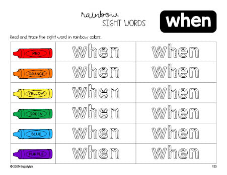 Free first grade worksheet, rainbow sight word tracing worksheet, beginner sight word for 1st graders and high frequency word 'when', first 100 fry sight words, Dolch, PDF