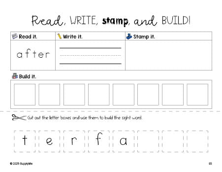 Free first grade worksheet, read, write, stamp, and build the beginner sight word for 1st graders and high frequency word 'after', second 100 fry sight words, Dolch, PDF