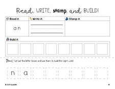 Free first grade worksheet, read, write, stamp, and build the beginner sight word for 1st graders and high frequency word 'an', first 100 fry sight words, Dolch, PDF