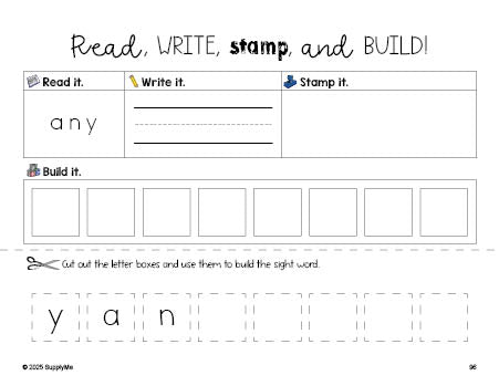 Free first grade worksheet, read, write, stamp, and build the beginner sight word for 1st graders and high frequency word 'any', second 100 fry sight words, Dolch, PDF