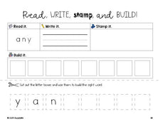 Free first grade worksheet, read, write, stamp, and build the beginner sight word for 1st graders and high frequency word 'any', second 100 fry sight words, Dolch, PDF