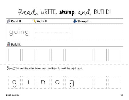 Free first grade worksheet, read, write, stamp, and build the beginner sight word for 1st graders and high frequency word 'going', Dolch, PDF