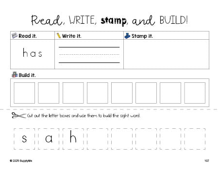 Free first grade worksheet, read, write, stamp, and build the beginner sight word for 1st graders and high frequency word 'has', first 100 fry sight words, Dolch, PDF