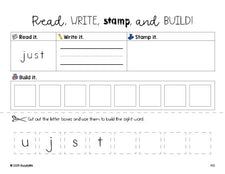 Free first grade worksheet, read, write, stamp, and build the beginner sight word for 1st graders and high frequency word 'just', second 100 fry sight words, Dolch, PDF