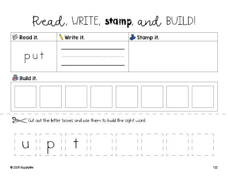 Free first grade worksheet, read, write, stamp, and build the beginner sight word for 1st graders and high frequency word 'put', second 100 fry sight words, Dolch, PDF