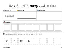 Free first grade worksheet, read, write, stamp, and build the beginner sight word for 1st graders and high frequency word 'some', first 100 fry sight words, Dolch, PDF