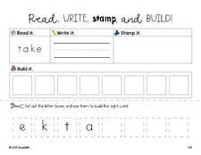 Free first grade worksheet, read, write, stamp, and build the beginner sight word for 1st graders and high frequency word 'take', second 100 fry sight words, Dolch, PDF