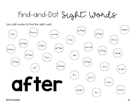 Free first grade worksheet, sight word dot marker printable coloring page, beginner sight word for 1st graders and high frequency word 'after', second 100 fry sight words, Dolch, PDF