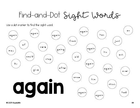 Free first grade worksheet, sight word dot marker printable coloring page, beginner sight word for 1st graders and high frequency word 'again', second 100 fry sight words, Dolch, PDF