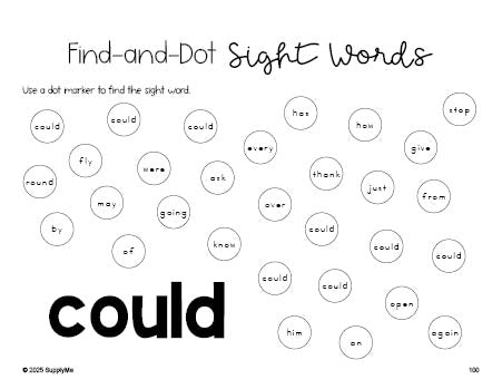 Free first grade worksheet, sight word dot marker printable coloring page, beginner sight word for 1st graders and high frequency word 'could', first 100 fry sight words, Dolch, PDF