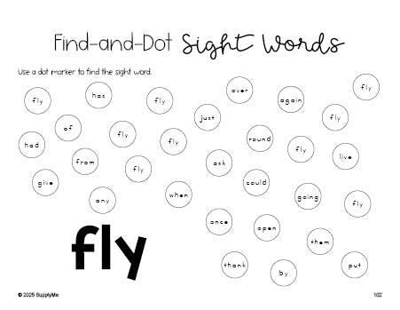 Free first grade worksheet, sight word dot marker printable coloring page, beginner sight word for 1st graders and high frequency word 'fly', fifth 100 fry sight words, Dolch, PDF