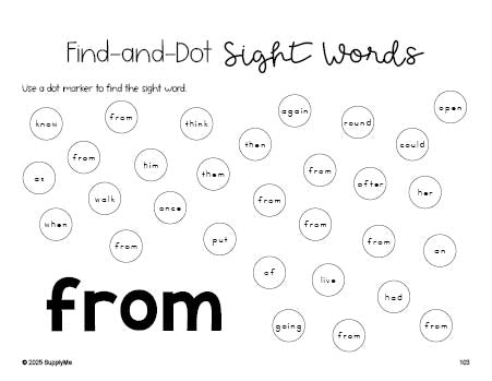 Free first grade worksheet, sight word dot marker printable coloring page, beginner sight word for 1st graders and high frequency word 'from', first 100 fry sight words, Dolch, PDF