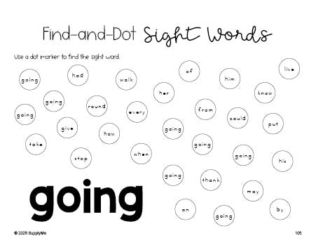 Free first grade worksheet, sight word dot marker printable coloring page, beginner sight word for 1st graders and high frequency word 'going', Dolch, PDF