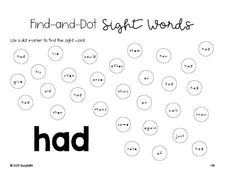 Free first grade worksheet, sight word dot marker printable coloring page, beginner sight word for 1st graders and high frequency word 'had', first 100 fry sight words, Dolch, PDF