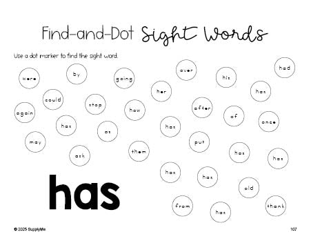 Free first grade worksheet, sight word dot marker printable coloring page, beginner sight word for 1st graders and high frequency word 'has', first 100 fry sight words, Dolch, PDF