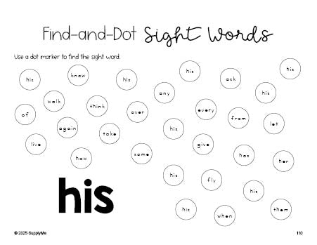 Free first grade worksheet, sight word dot marker printable coloring page, beginner sight word for 1st graders and high frequency word 'his', first 100 fry sight words, Dolch, PDF