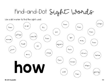 Free first grade worksheet, sight word dot marker printable coloring page, beginner sight word for 1st graders and high frequency word 'how', first 100 fry sight words, Dolch, PDF